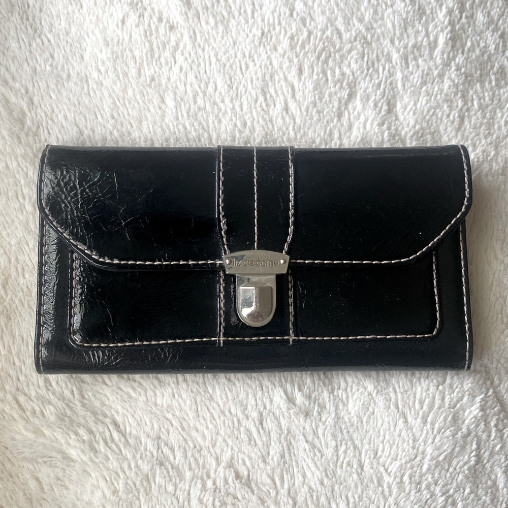 Liz Clairbone Black Leather Wallet with Silver Clasp